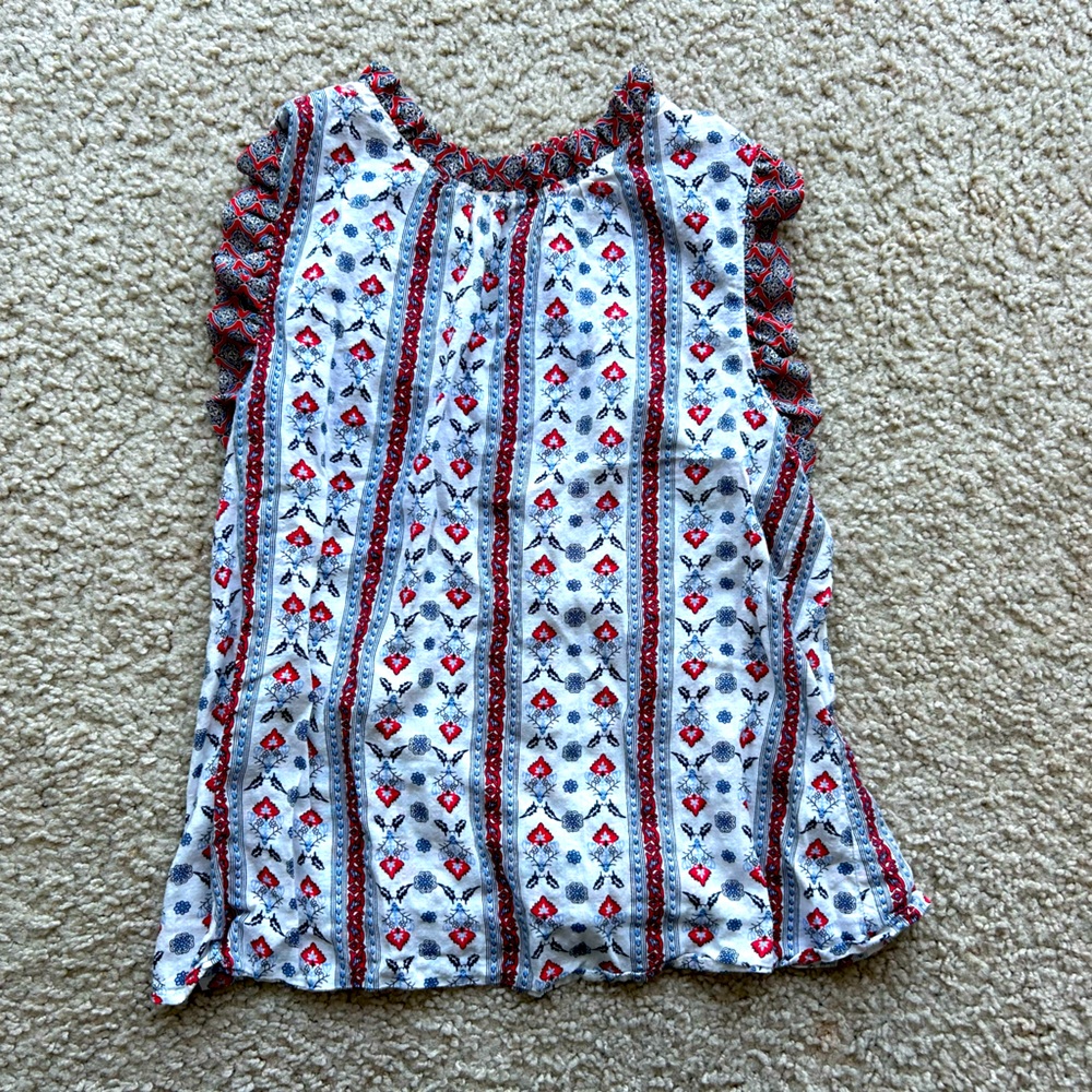 Red White & Blue Patterned Top with Ruffle Accents by THML
